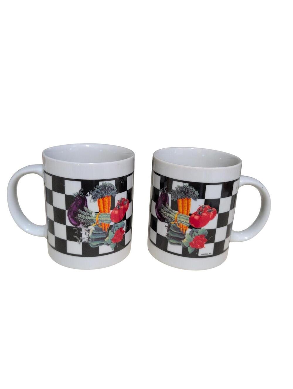2 Vintage Giftco Inc-Garden Fresh Coffee Mug-Vegetables Black/White Checkerboard